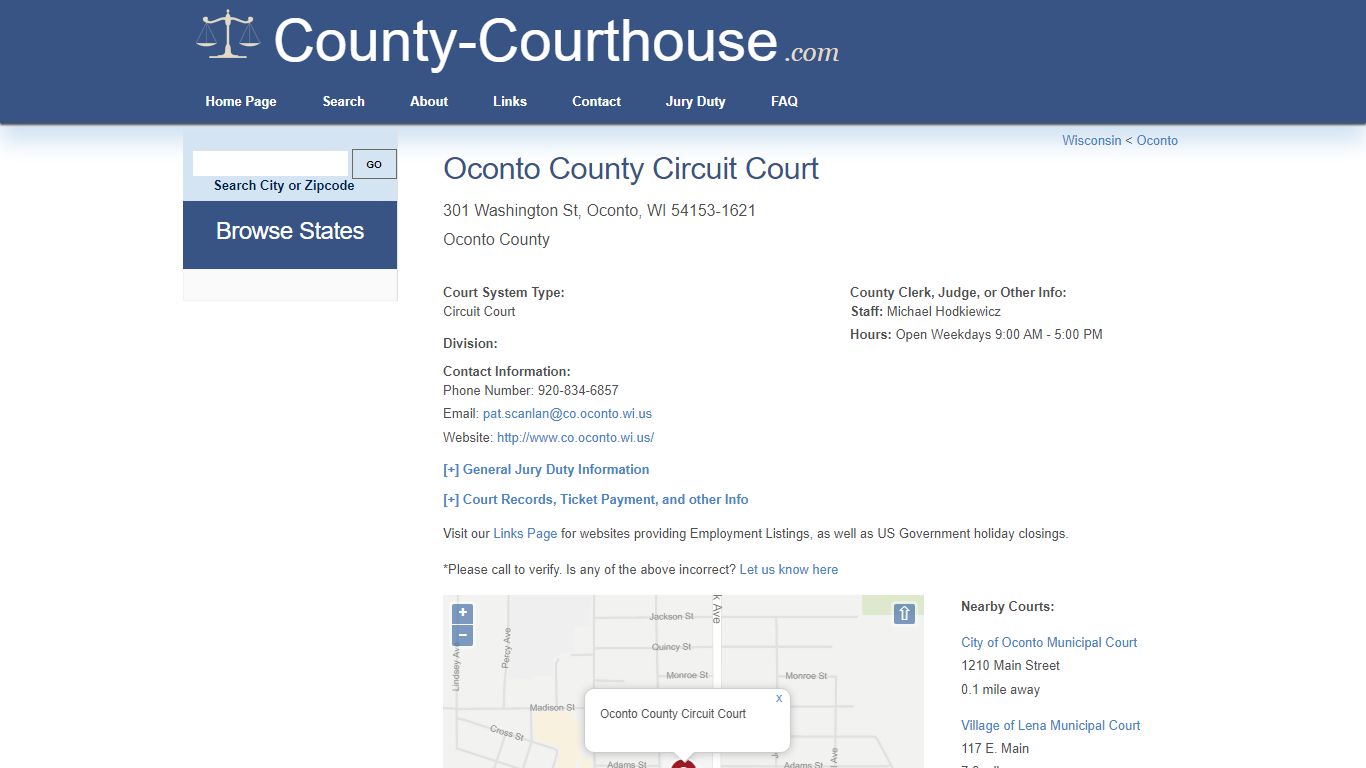 Oconto County Circuit Court in Oconto, WI - Court Information