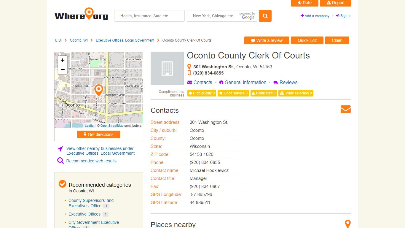 Oconto County Clerk Of Courts, Oconto, WI - 301 Washington St ...